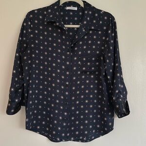 Anine Bing Navy Print Silk Blouse, Size XS